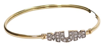 Lot 122 - A 9ct gold and cz 'Mum' bangle, 4.5g.