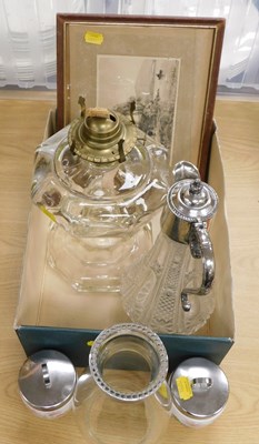 Lot 2163 - A moulded glass oil lamp base, together with a...