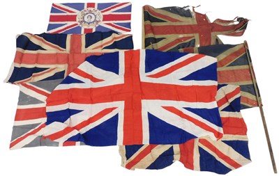Lot 147 - Assorted Union Jacks and flags, two on poles,...