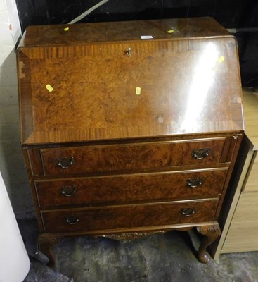 Lot 1015 - A 20thC burr walnut bureau, the fall enclosing...