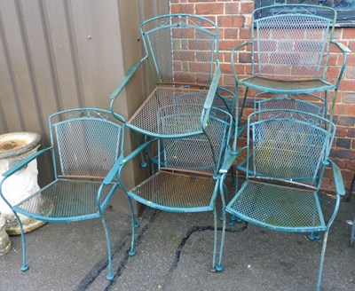 Lot 1127 - Seven green painted metal garden chairs, each...