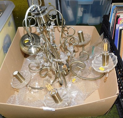 Lot 2140 - A brushed brass five branch chandelier, with...