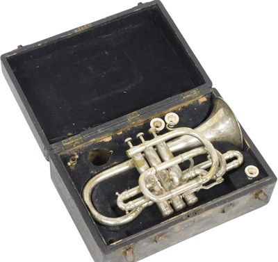 Lot 218 - A J Higham silver plated cornet, number 7158,...