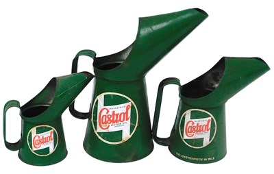 Lot 134 - Three Castrol graduated green metal oil cans,...