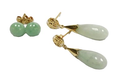 Lot 180 - A pair of jade drop earrings, with yellow...