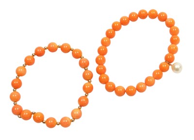 Lot 193 - Two coral bracelets, one interspersed with...