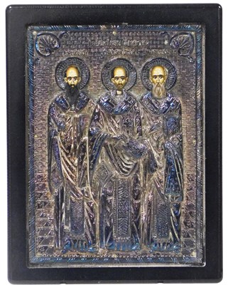 Lot 348 - A Greek icon, depicting three saints, the...