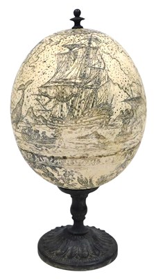 Lot 385 - A Scrimshaw ostrich egg, decorated with a...