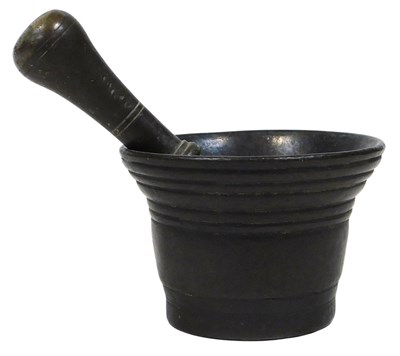 Lot 387 - A 19thC bronze pestle and mortar, mortar 9cm...