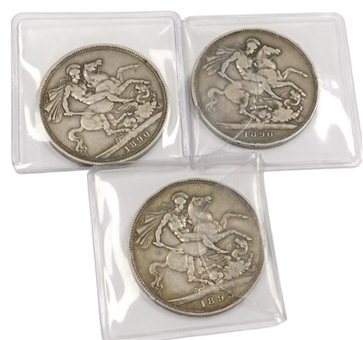 Lot 445 - Three Queen Victoria silver crowns, comprising...