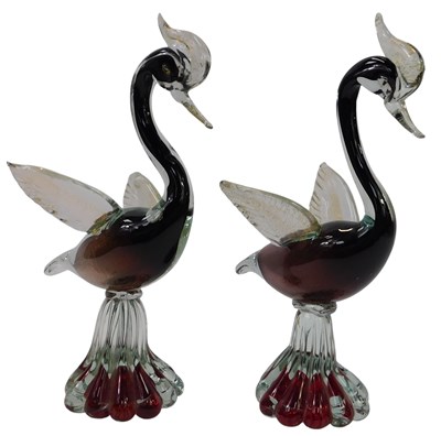 Lot 124 - A pair of Murano glass swans, in red, brown...
