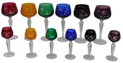 Lot 151 - A set of six Bohemian flash glass hock glasses,...
