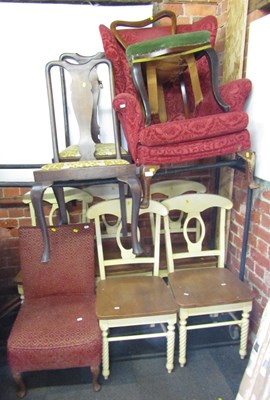 Lot 1013 - A red upholstered wingback armchair, two Queen...