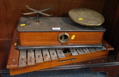 Lot 2012 - A set of scales, with wooden inlaid box below,...