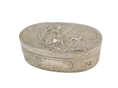 Lot 404 - A Continental white metal trinket box, of oval...