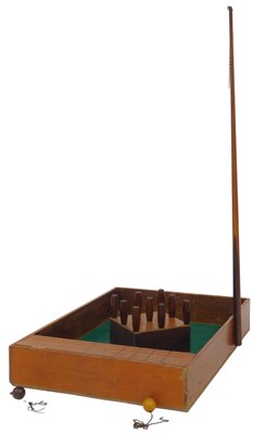 Lot 624 - A 20thC oak skittles game, with a hinged...