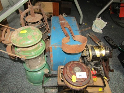 Lot 2133 - Two lanterns, a multi-fixture pump, a set of...
