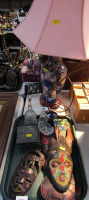 Lot 2202 - Two tribal face masks, glassware including...