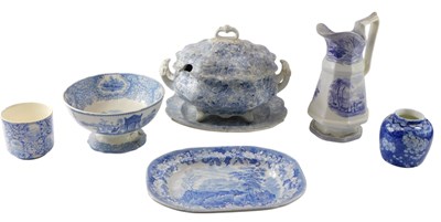 Lot 121 - A 19thC blue printed tureen, cover, and stand,...