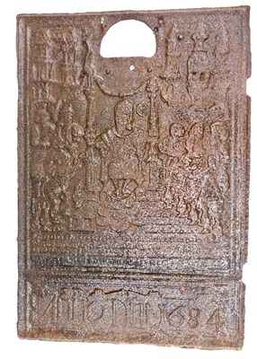Lot 222 - A cast iron fire grate, decorated with figures,...