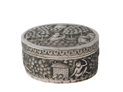 Lot 331 - A Burmese or Indian white metal oval box and...