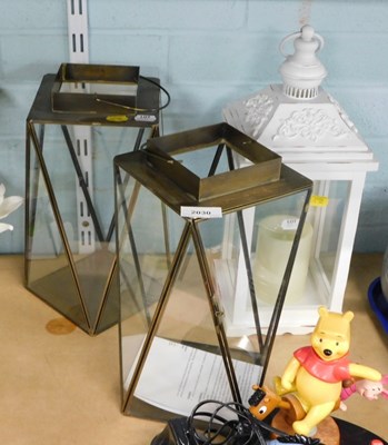 Lot 2030 - A pair of angular brass and glass lanterns,...