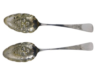 Lot 374 - Two 19thC silver berry spoons, each with a...