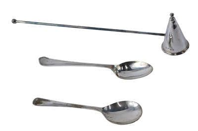 Lot 383 - A silver candle snuffer, and two silver spoons,...
