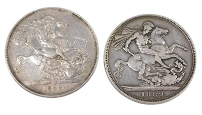 Lot 429 - Two Victoria silver crowns, for 1888 and 1889.