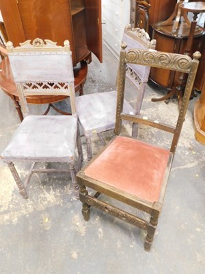 Lot 1569 - A pair of purple painted dining chairs, and...