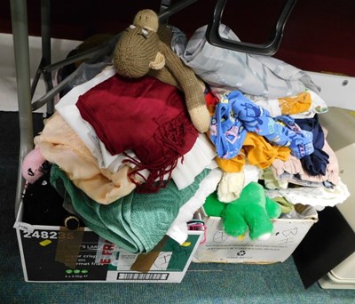 Lot 2196 - Fabrics, clothes and soft toys. (2 boxes)