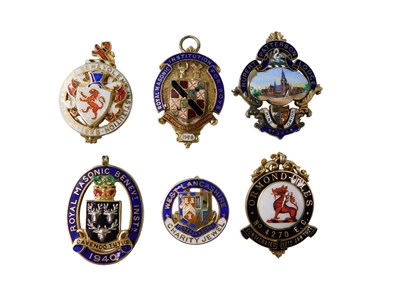 Lot 525 - Six Masonic silver and enamel jewels,...