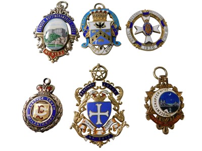Lot 526 - Six Masonic silver and enamel jewels,...