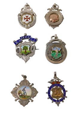 Lot 529 - Six silver and enamel cricket badges,...