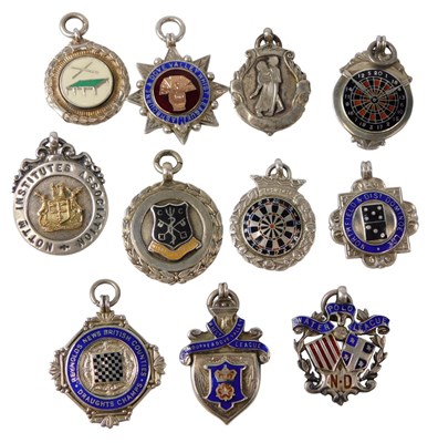 Lot 531 - Silver and enamel badges, including darts,...