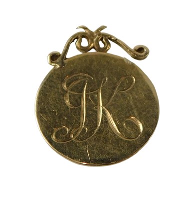 Lot 537 - A 9ct gold pendant medallion, monogrammed JK,...