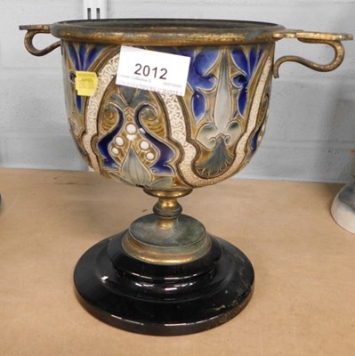 Lot 2012 - A late 19thC Royal Doulton stoneware oil lamp...