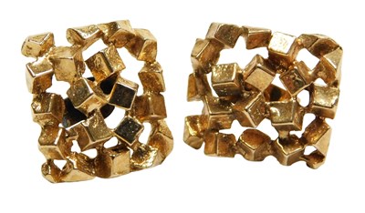 Lot 105 - A pair of 9ct gold abstract cube earrings, one...