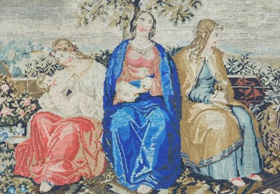Lot 88 - A 19thC woolwork tapestry, three ladies seated...