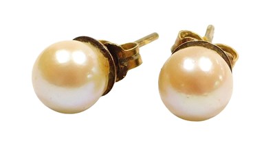 Lot 118 - A pair of cultured pearl ear studs, in yellow...