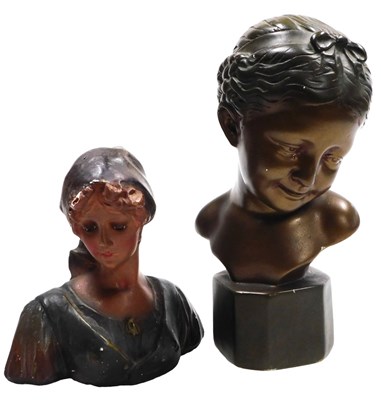 Lot 156 - A 20thC gold and green plaster bust of a girl,...