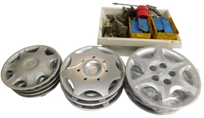 Lot 120 - Mazda wheel trims, parts bins, spray guns, etc.