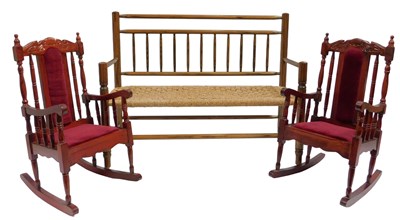 Lot 513 - A miniature elm bench, with rush seat, 76cm...