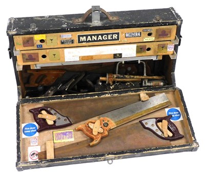Lot 200 - A black painted pine carpenter's tool chest,...