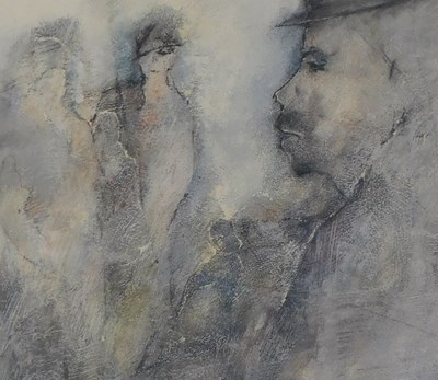 Lot 62 - Derek Menary (b.1943). Conversation at the bus...