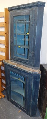 Lot 1028 - Two dark blue painted hanging corner display...