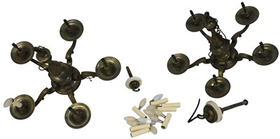 Lot 389 - A pair of 18thC style brass five branch...