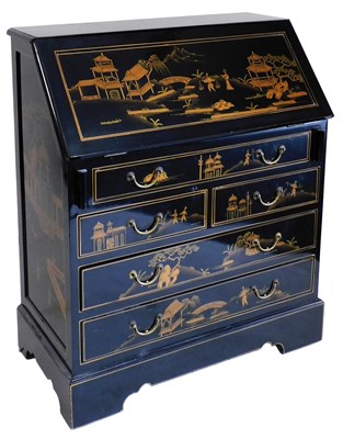 Lot 470 - A 20thC black chinoiserie bureau, gilt...