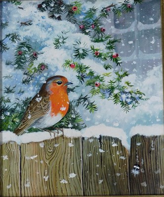 Lot 158 - David Feather (1952-2005). Robin on a fence in...