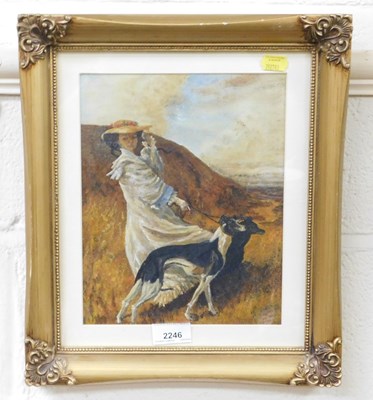 Lot 2246 - A painting of a lady with greyhounds, oil on...